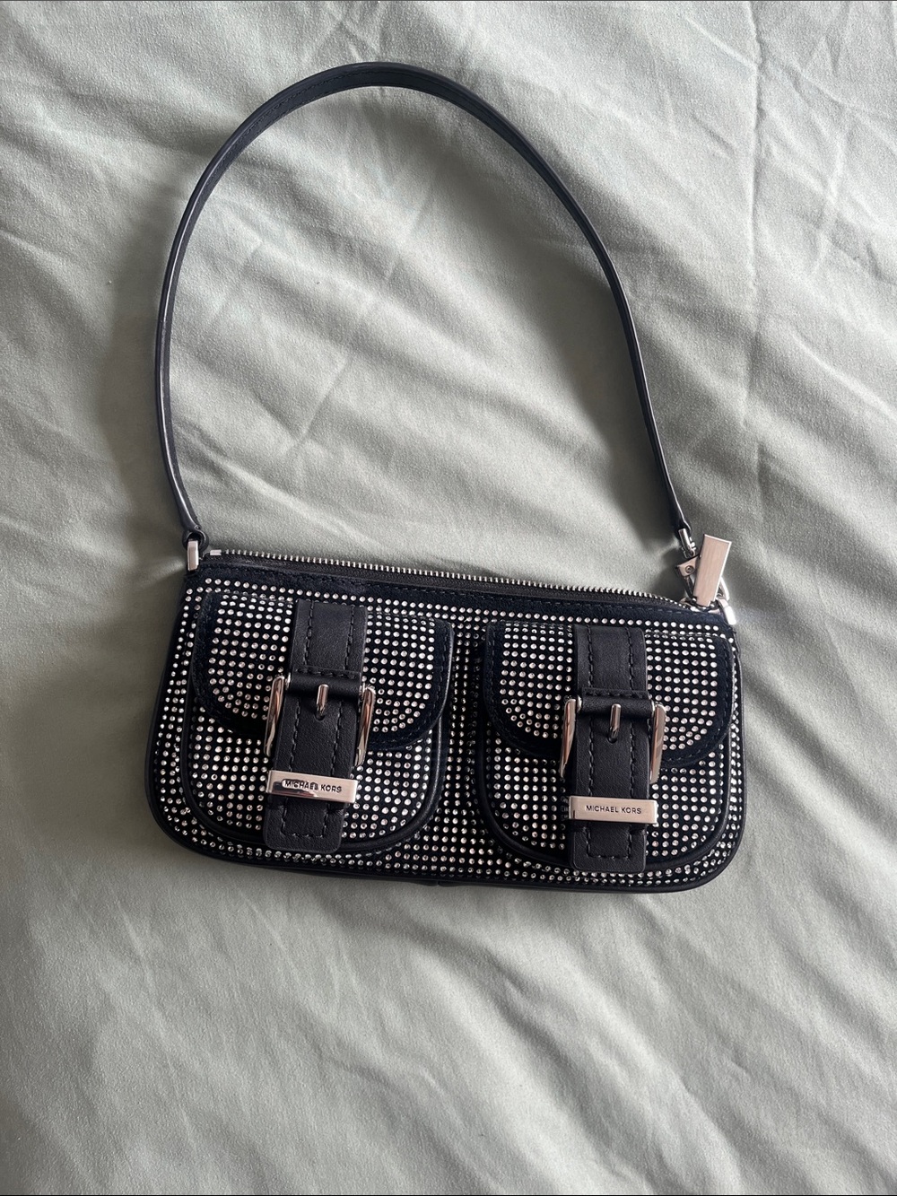 Michael Kors Black Studded Shoulder Bag with Front Buckle Pockets